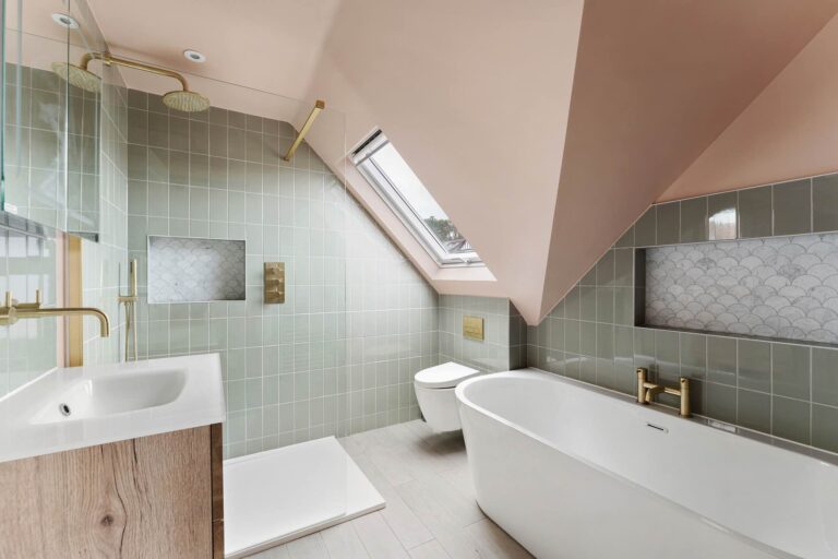 beautiful pink and mint green bathroom in new Loft conversion, north London