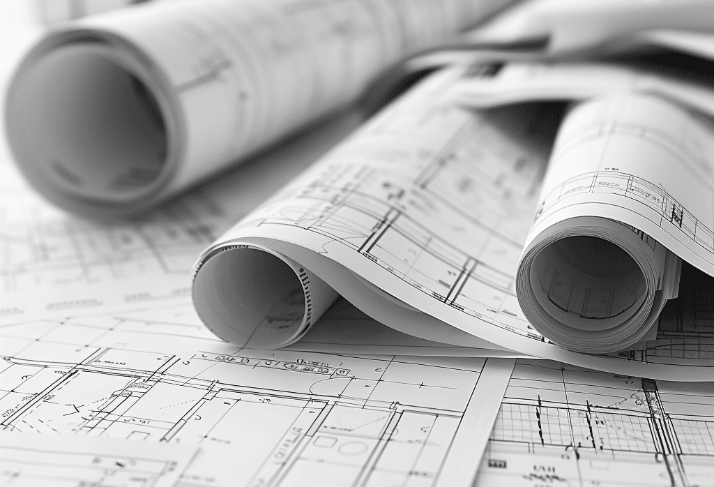 Building architectural plans rolled on table top