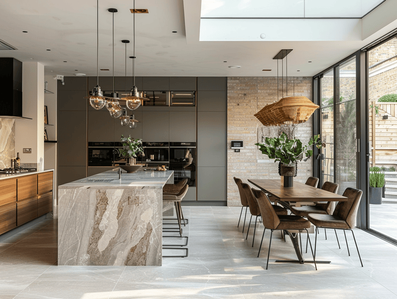 kitchen extension design using mixed materials, marble, wood, metal